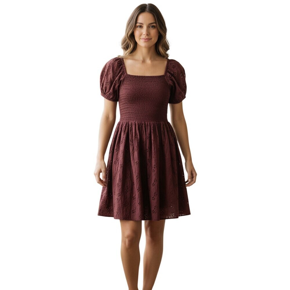 Jessa Kae Collection Burgundy Eyelet Puff Sleeve Midi Dress Small Romantic Boho
